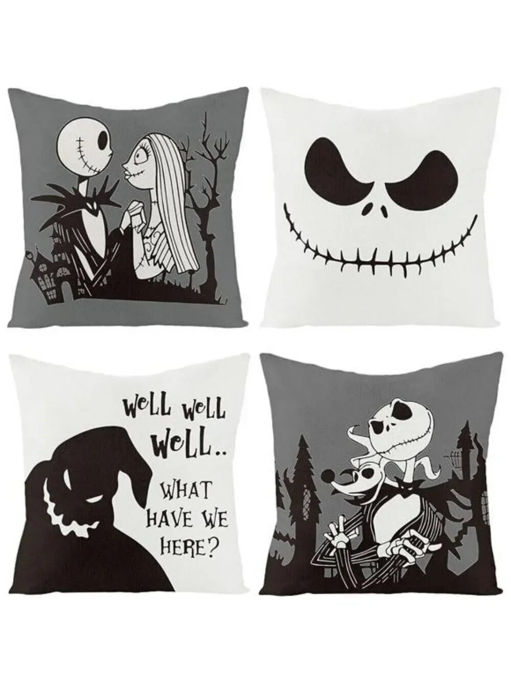 Halloween Jack and Sally Pillow Covers 18x18 Set of 4 Skull Horror Cartoon Decor